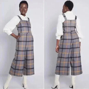 Modcloth Plaid Cropped‎ Jumpsuit In Grey Plaid  Pockets Sz Large